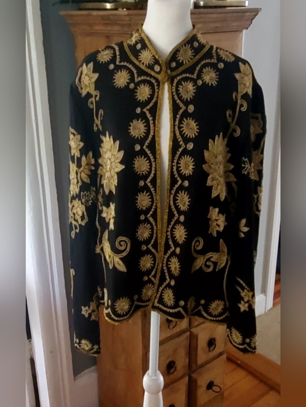 100% Silk Black Blazer with Gold Embroidered Floral Detail